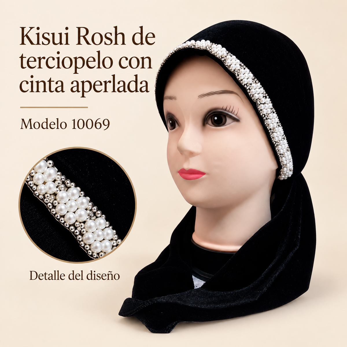 Kisui Rosh de terciopelo con cinta aperlada, modelo 10069; presentación del producto sobre fondo neutro