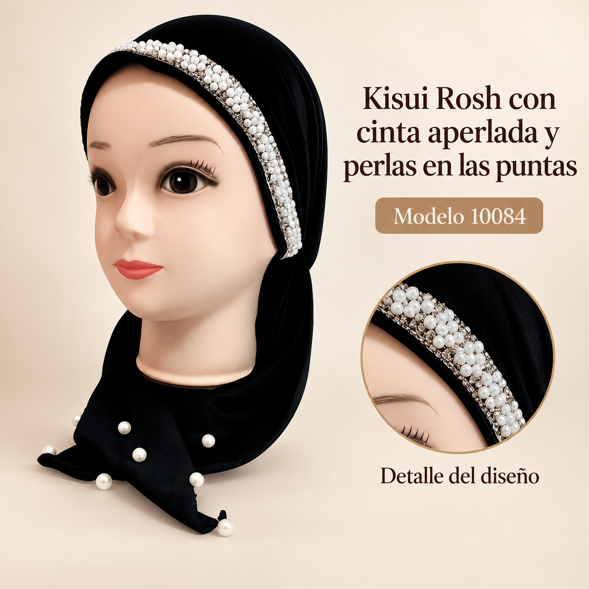 Kisui Rosh con cinta aperlada y perlas en las puntas, modelo 10084; presentación del producto sobre fondo neutro