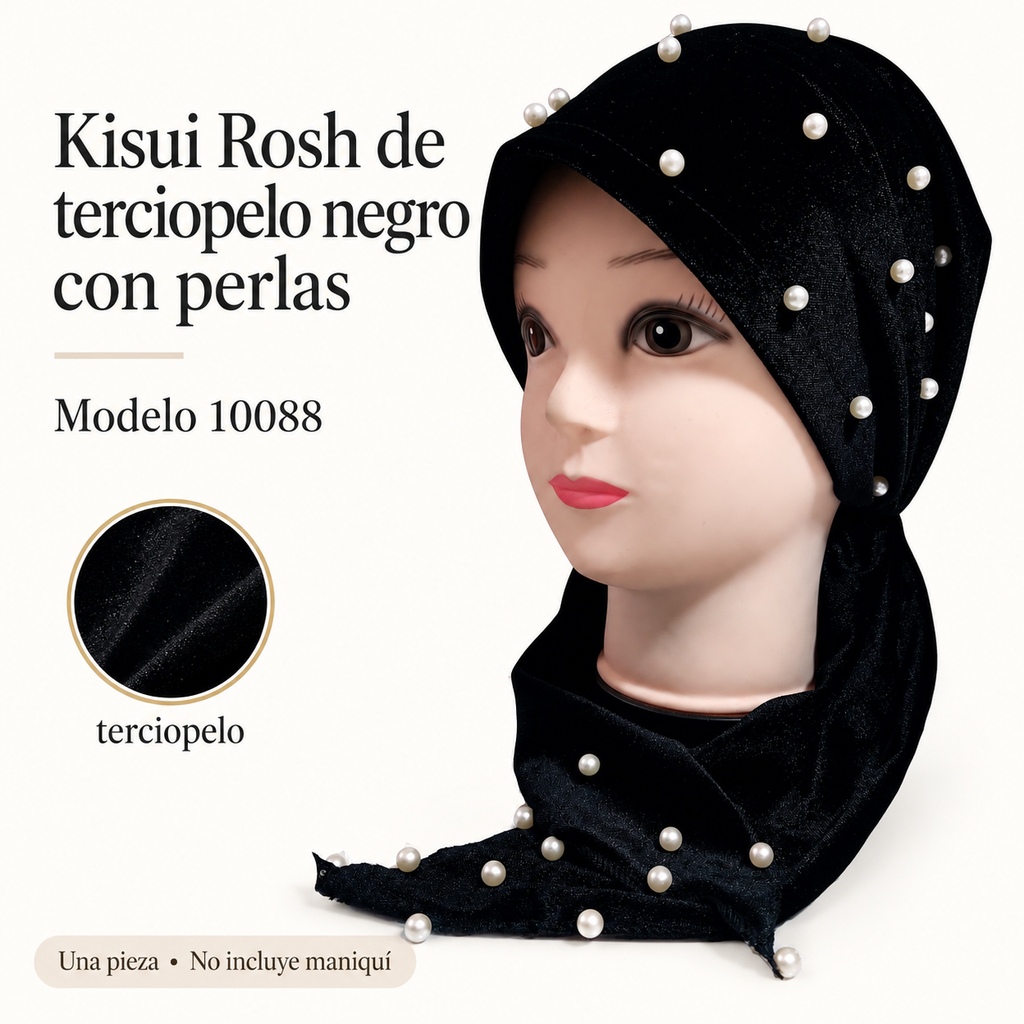 Kisui Rosh de terciopelo negro con perlas, modelo 10088; ficha visual con características del producto