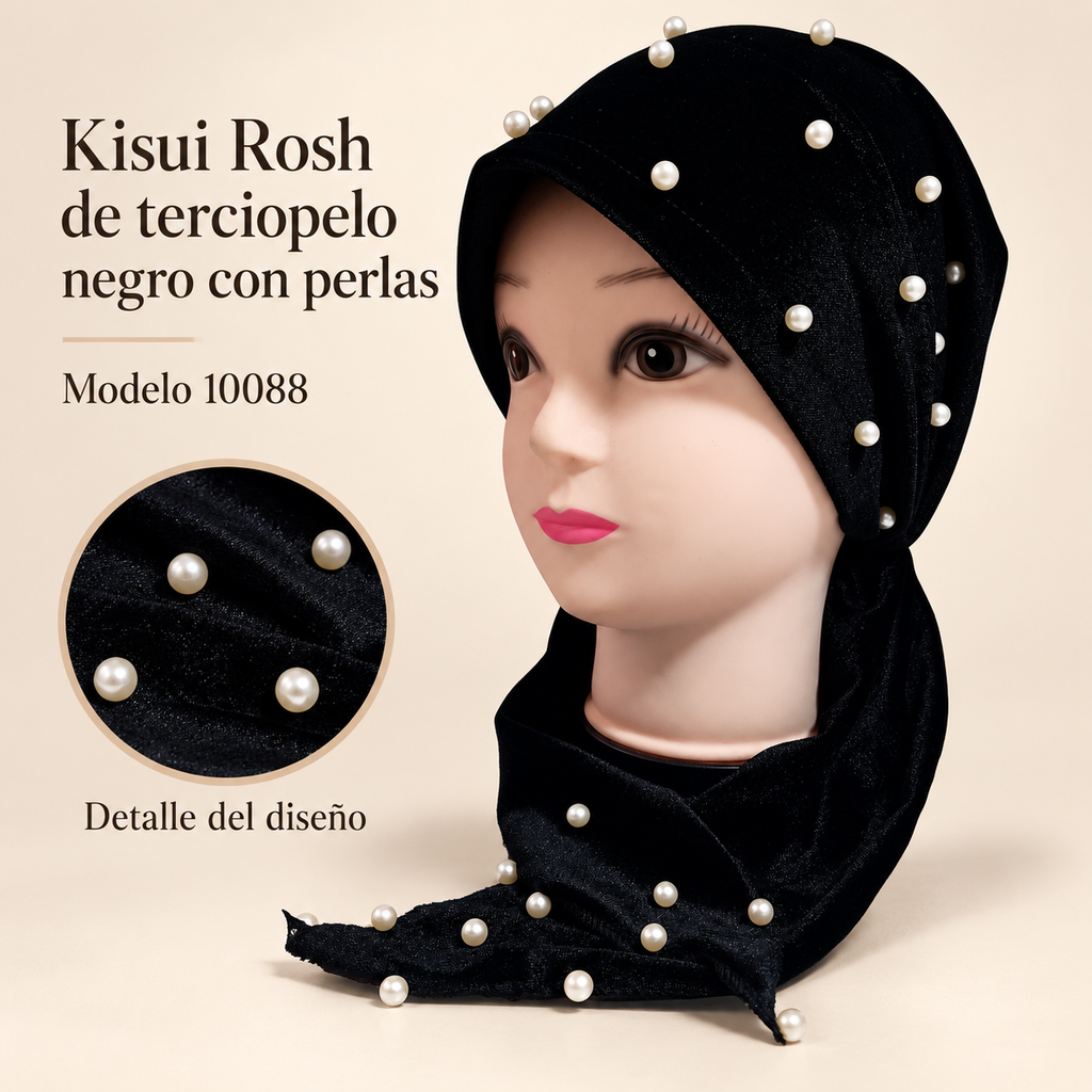 Kisui Rosh de terciopelo negro con perlas, modelo 10088; presentación del producto sobre fondo neutro