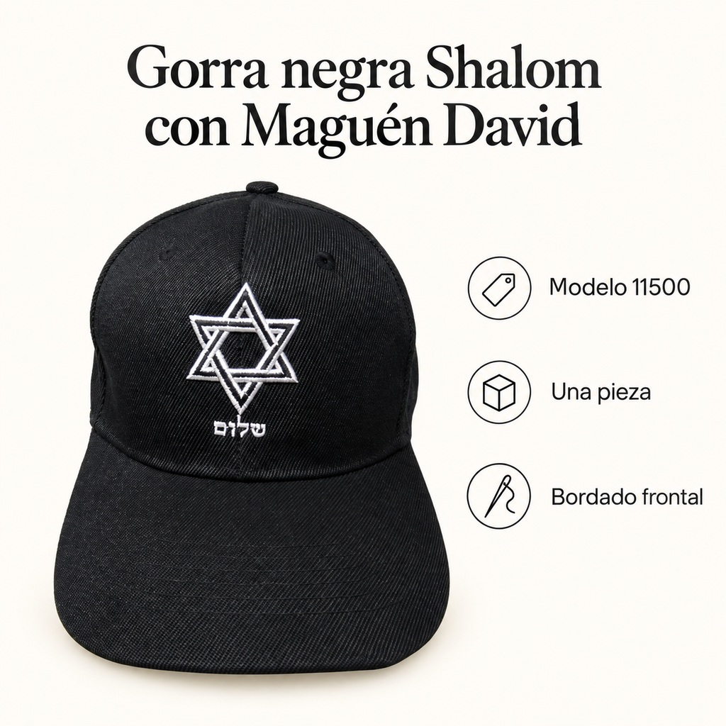 Gorra negra Shalom con Maguén David, modelo 11500; ficha visual con características del producto