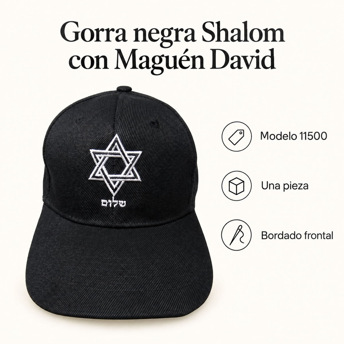 Gorra negra Shalom con Maguén David, modelo 11500; ficha visual con características del producto