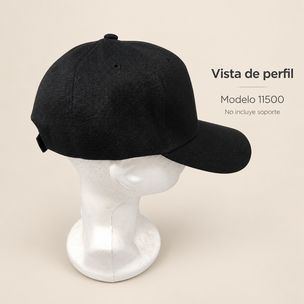 Gorra negra Shalom con Maguén David, modelo 11500; vista lateral sobre soporte de exhibición no incluido