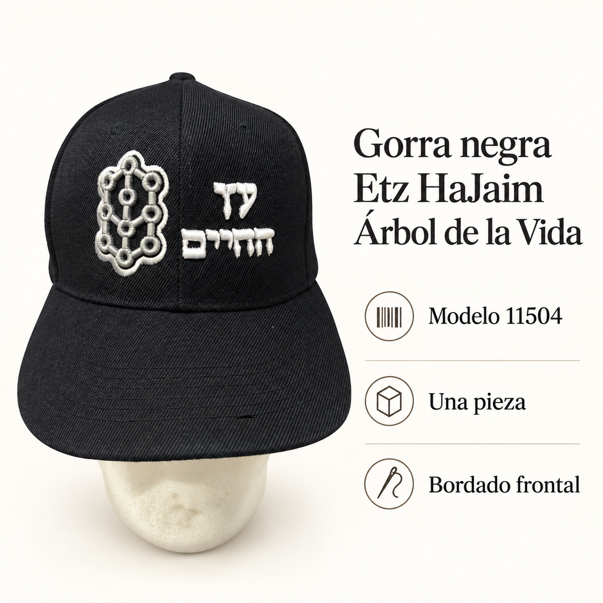 Gorra negra Etz HaJaim Árbol de la Vida, modelo 11504; ficha visual con características del producto