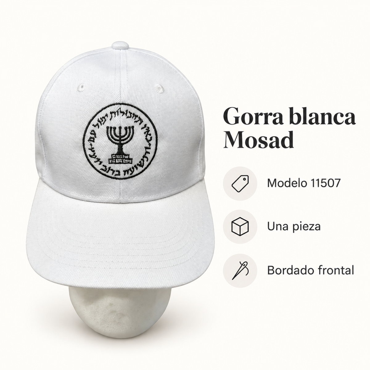 Gorra blanca Mosad, modelo 11507; ficha visual con características del producto