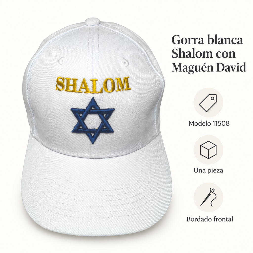Gorra blanca Shalom con Maguén David, modelo 11508; ficha visual con características del producto