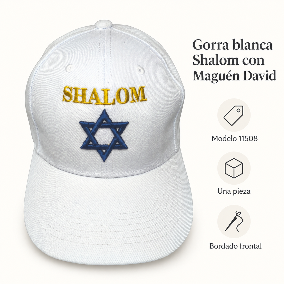 Gorra blanca Shalom con Maguén David, modelo 11508; ficha visual con características del producto
