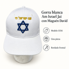 Gorra blanca Am Israel Jai con Maguén David, modelo 11516; ficha visual con características del producto