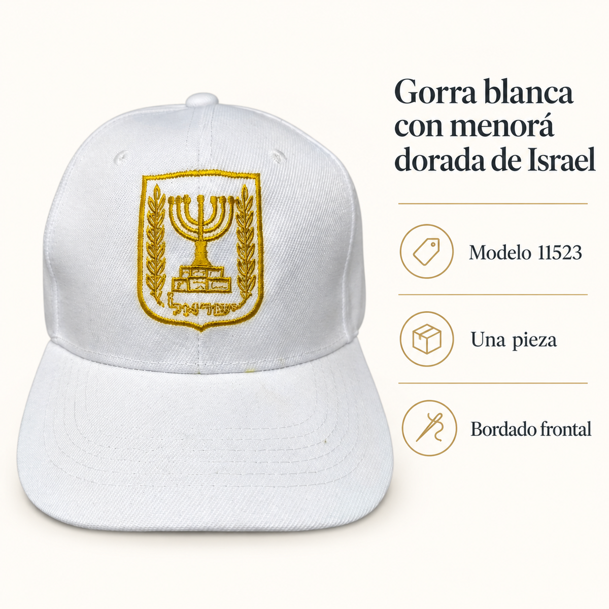 Gorra blanca con menorá dorada de Israel, modelo 11523; ficha visual con características del producto