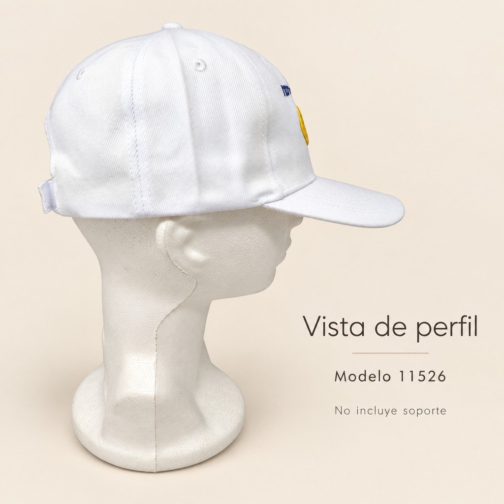 Gorra blanca Shofar Teruá 3D, modelo 11526; vista lateral sobre soporte de exhibición no incluido