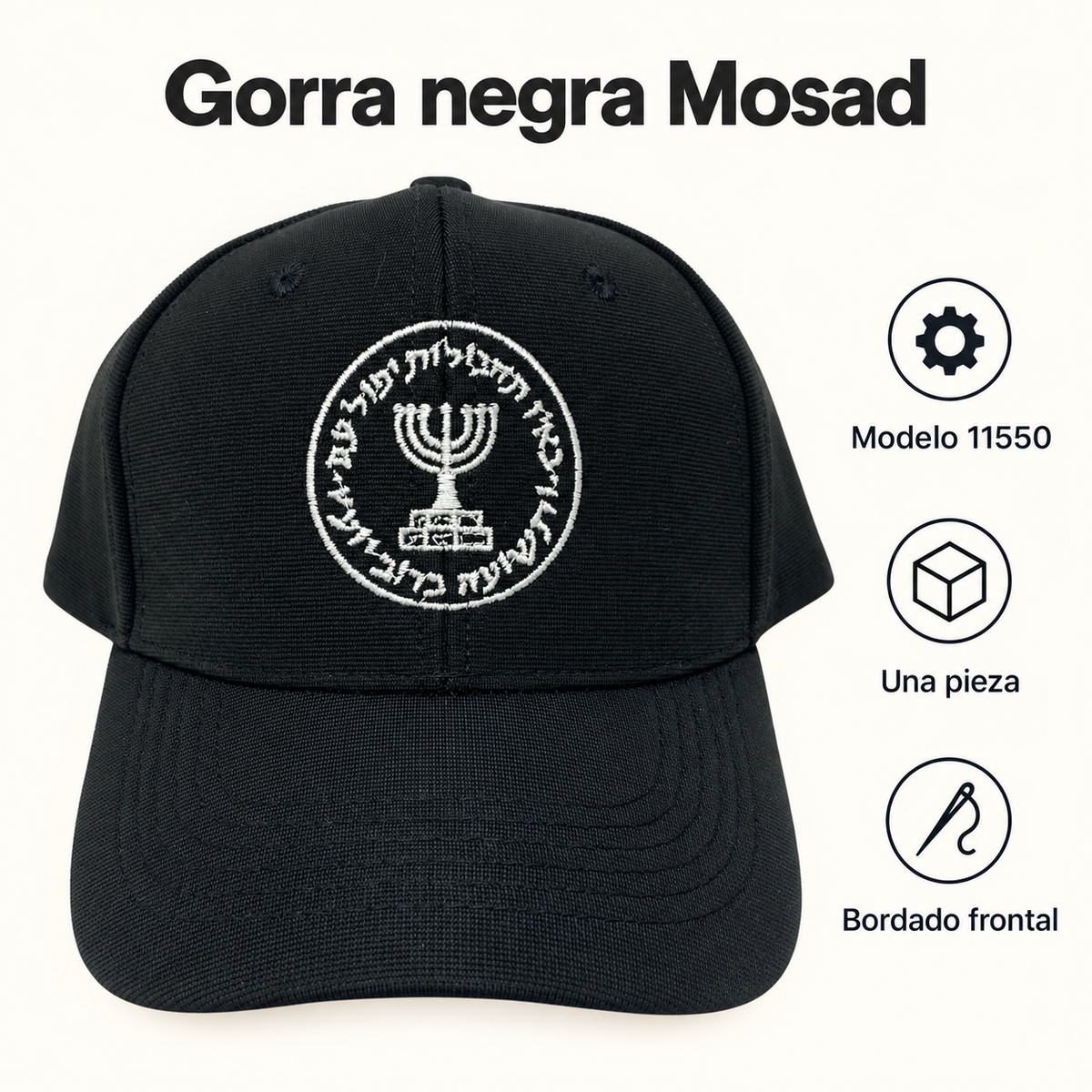 Gorra negra Mosad, modelo 11550; ficha visual con características del producto