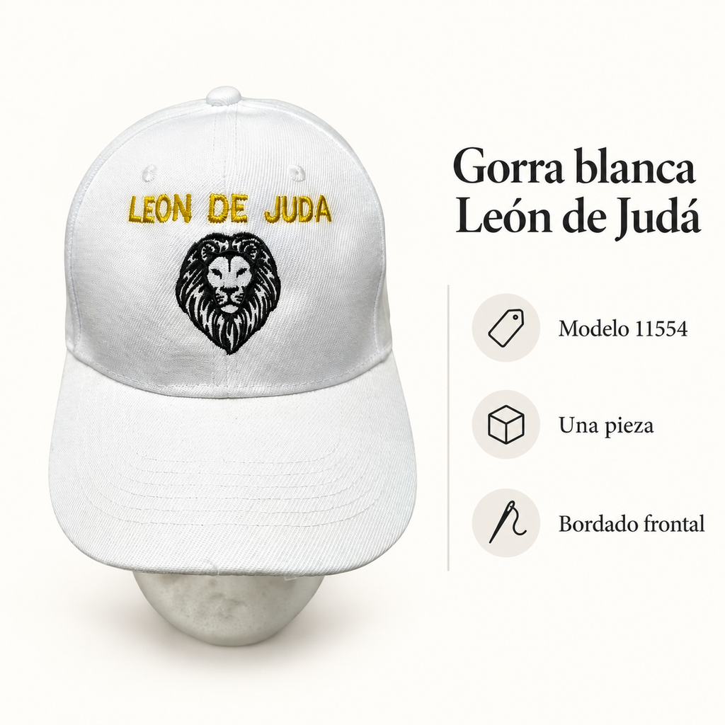 Gorra blanca León de Judá, modelo 11554; ficha visual con características del producto