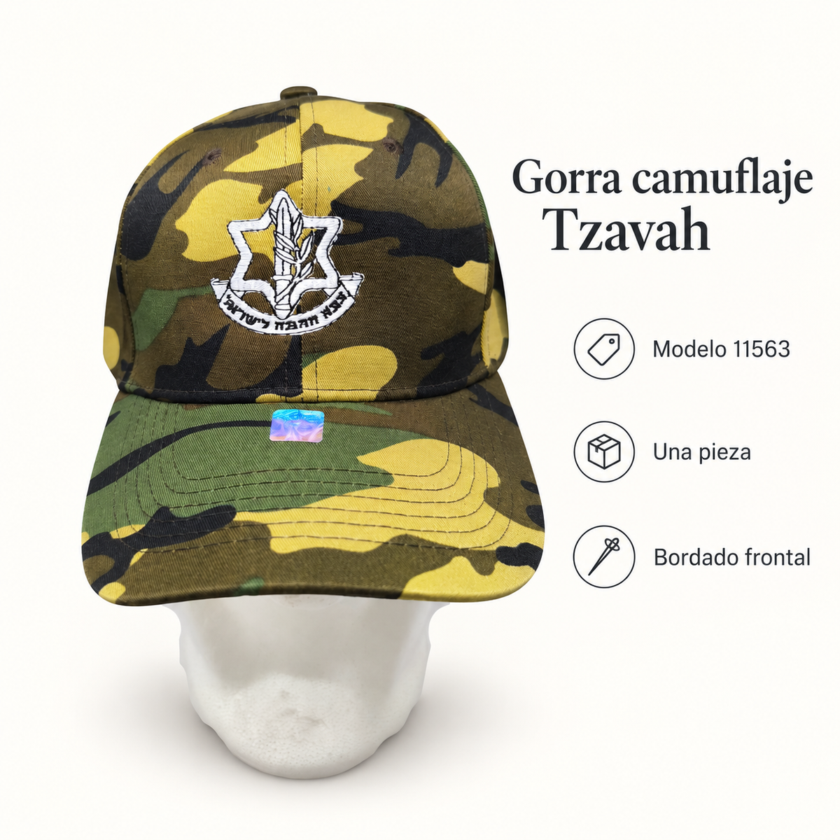 Gorra camuflaje Tzavah, modelo 11563; ficha visual con características del producto