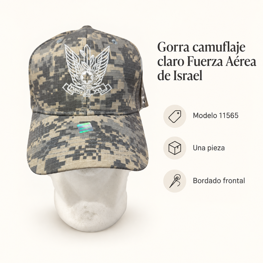 Gorra camuflaje claro Fuerza Aérea de Israel, modelo 11565; ficha visual con características del producto