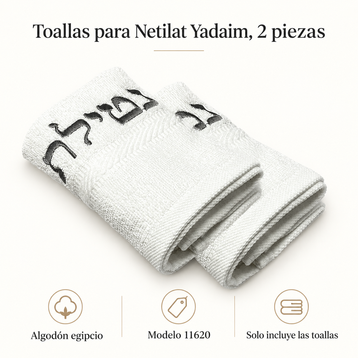 Toallas para Netilat Yadaim, 2 piezas, modelo 11620; ficha visual con características del producto