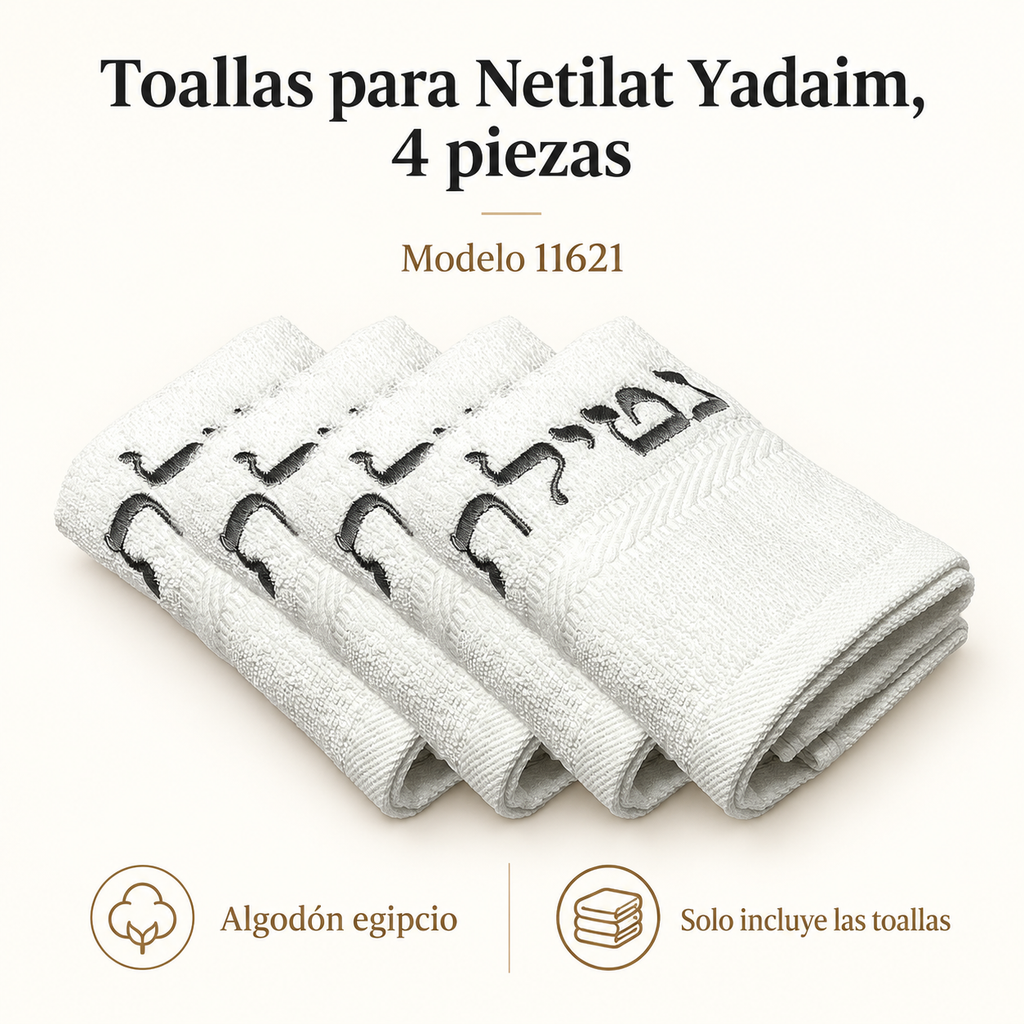 Toallas para Netilat Yadaim, 4 piezas, modelo 11621; ficha visual con características del producto