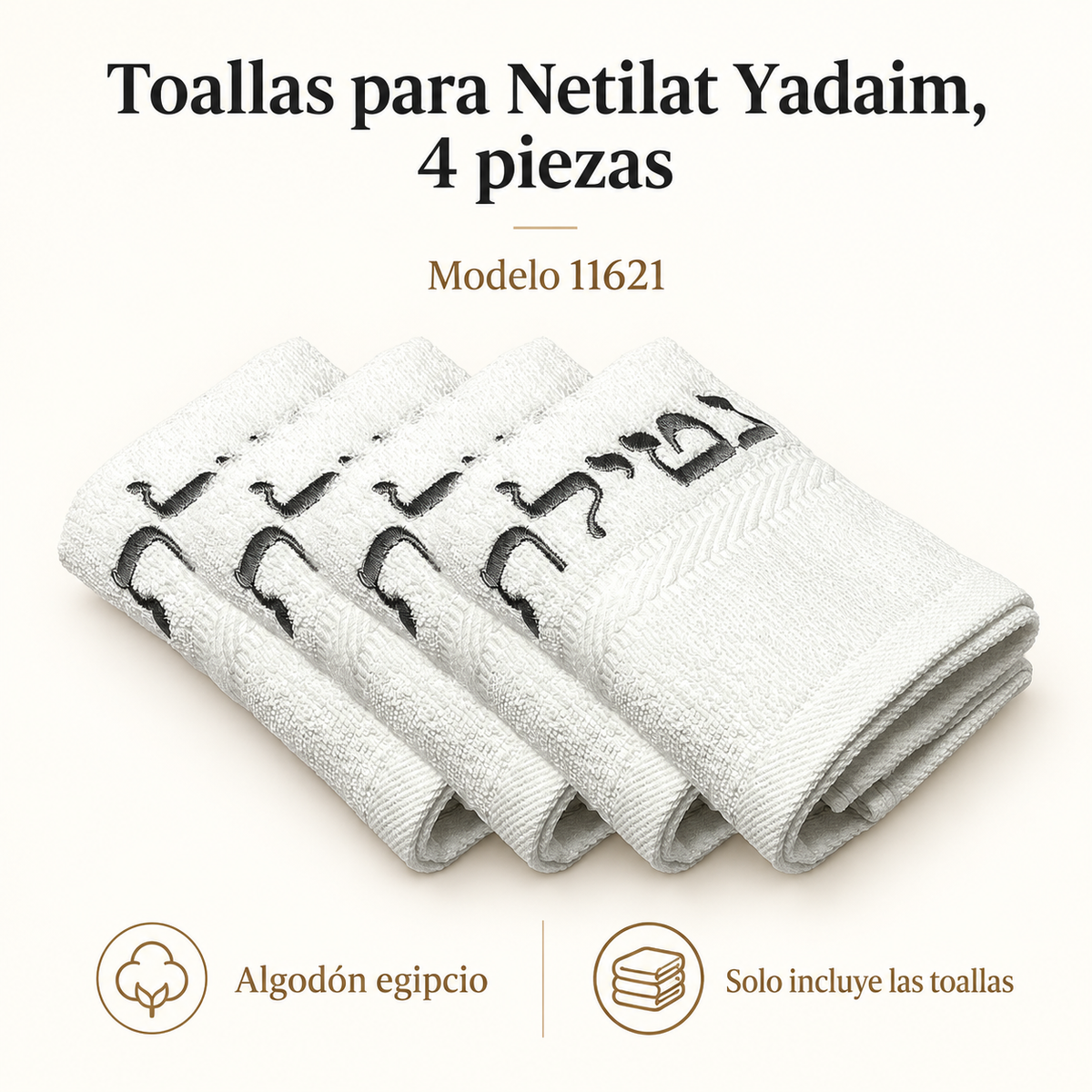Toallas para Netilat Yadaim, 4 piezas, modelo 11621; ficha visual con características del producto