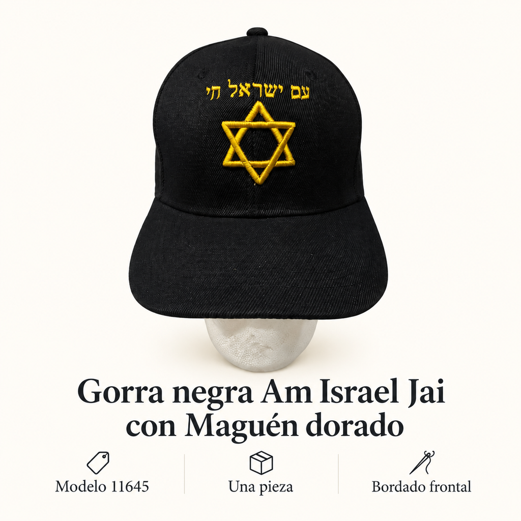 Gorra negra Am Israel Jai con Maguén dorado, modelo 11645; ficha visual con características del producto