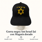 Gorra negra Am Israel Jai con Maguén dorado, modelo 11645; ficha visual con características del producto