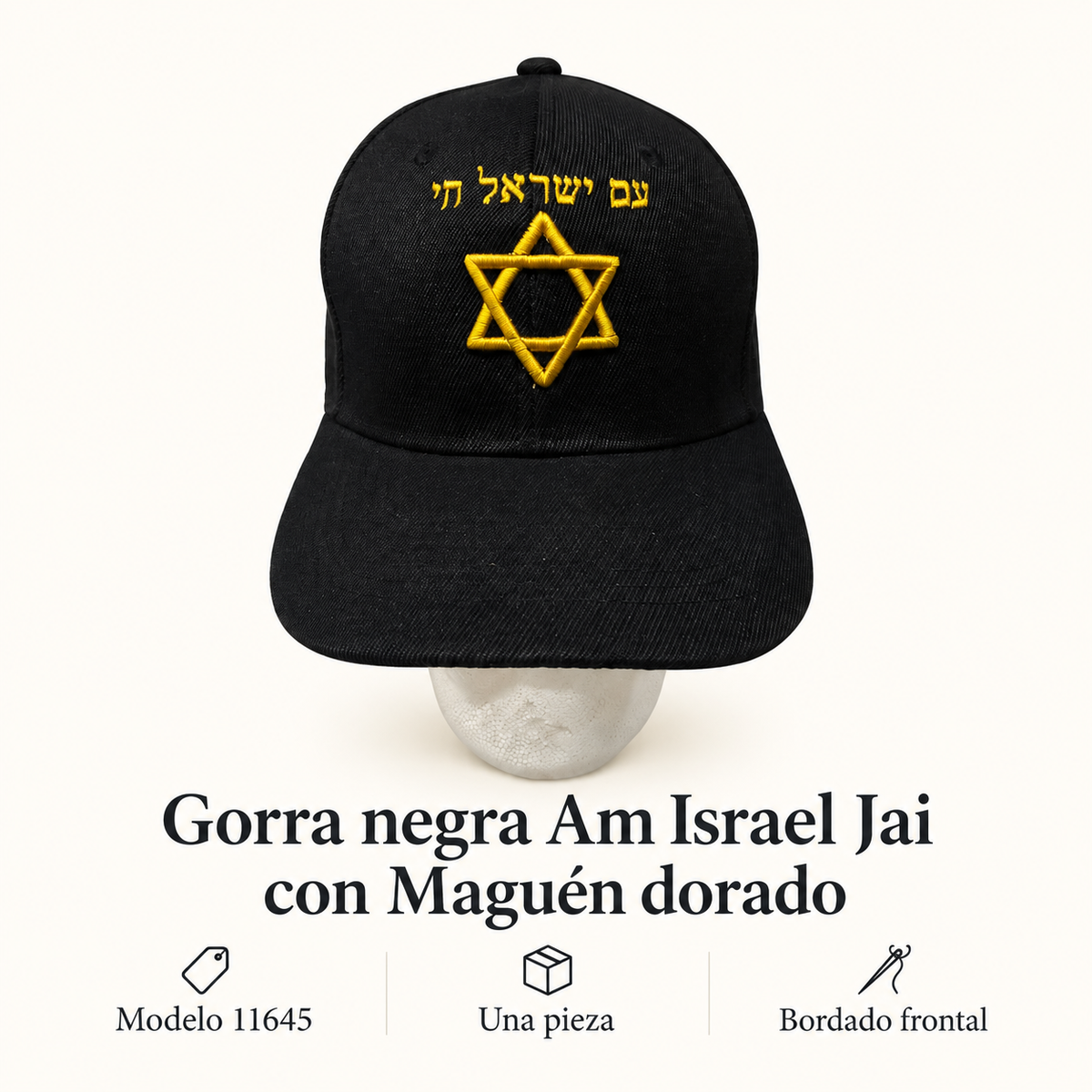 Gorra negra Am Israel Jai con Maguén dorado, modelo 11645; ficha visual con características del producto