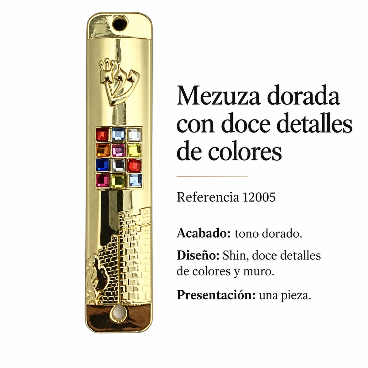 Mezuza dorada con doce detalles de colores, referencia 12005; ficha con detalles del diseño