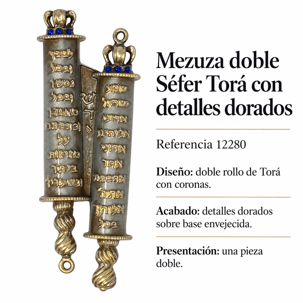 Mezuza doble Séfer Torá con detalles dorados, referencia 12280; ficha con detalles del diseño