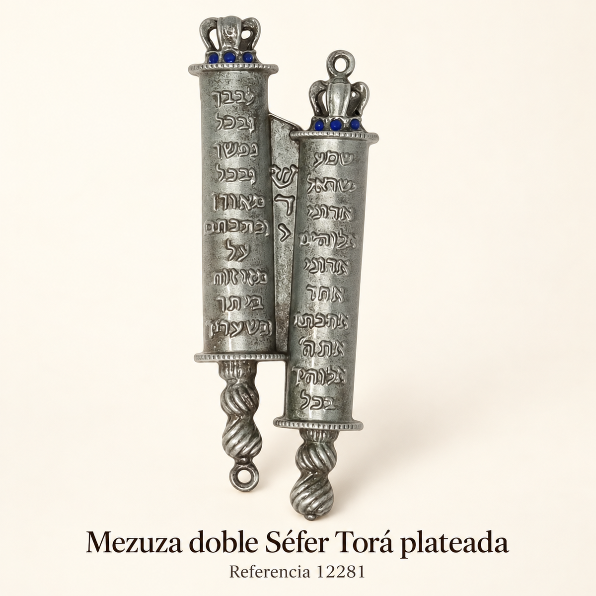 Mezuza doble Séfer Torá plateada, referencia 12281; presentación del producto