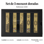 Set de 5 mezuzot doradas, referencia 12282; ficha con detalles del diseño