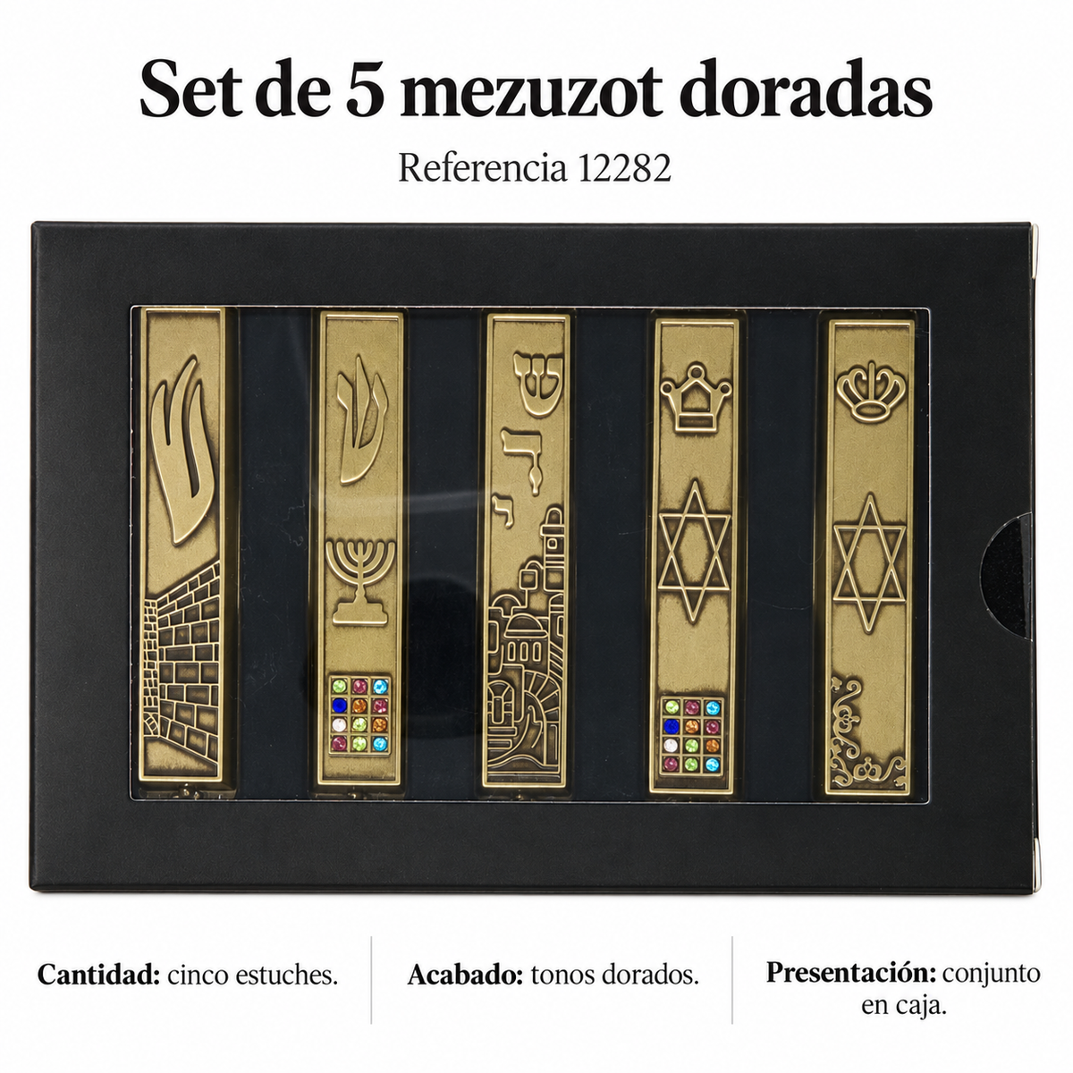 Set de 5 mezuzot doradas, referencia 12282; ficha con detalles del diseño