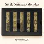 Set de 5 mezuzot doradas, referencia 12282; presentación del producto
