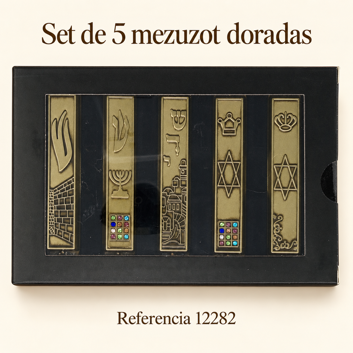 Set de 5 mezuzot doradas, referencia 12282; presentación del producto