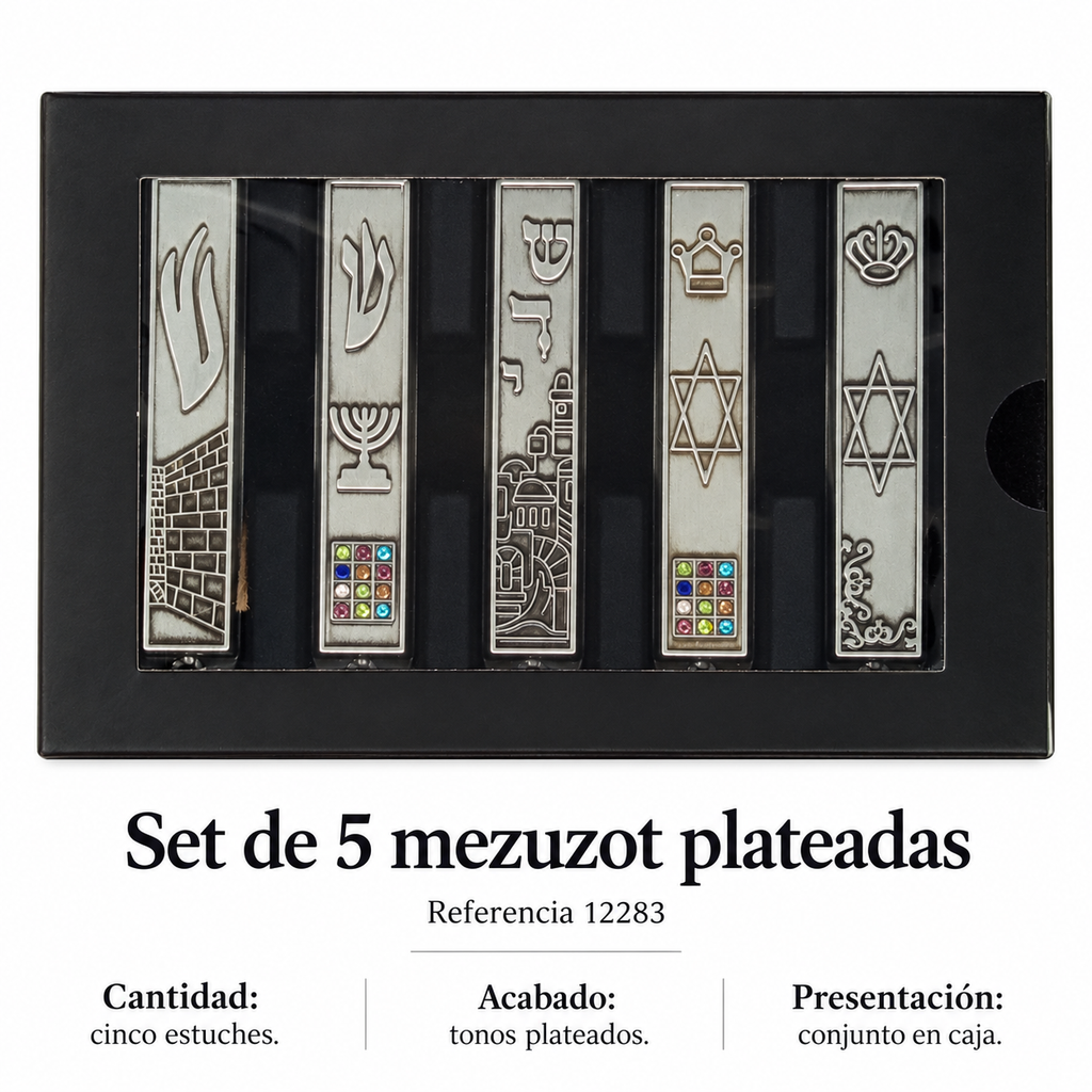 Set de 5 mezuzot plateadas, referencia 12283; ficha con detalles del diseño