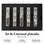 Set de 5 mezuzot plateadas, referencia 12283; ficha con detalles del diseño