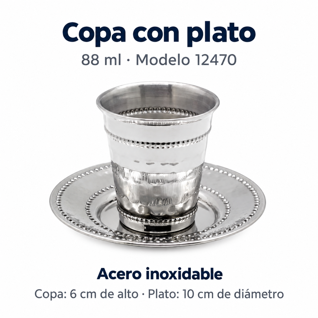 Copa de acero inoxidable de 88 ml con plato decorado, modelo 12470; ficha de características