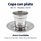 Copa de acero inoxidable de 88 ml con plato decorado, modelo 12470; ficha de características