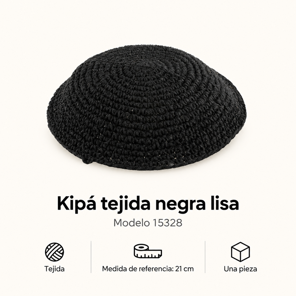 Kipá tejida negra lisa, modelo 15328; ficha con material y medida de referencia