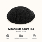 Kipá tejida negra lisa, modelo 15328; ficha con material y medida de referencia