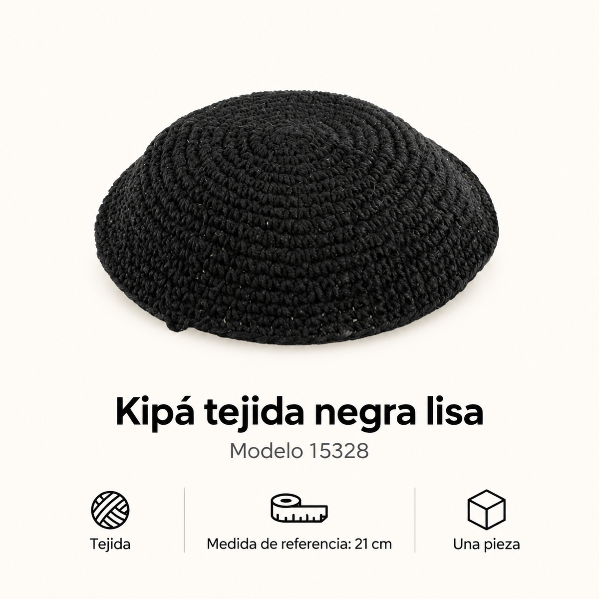 Kipá tejida negra lisa, modelo 15328; ficha con material y medida de referencia