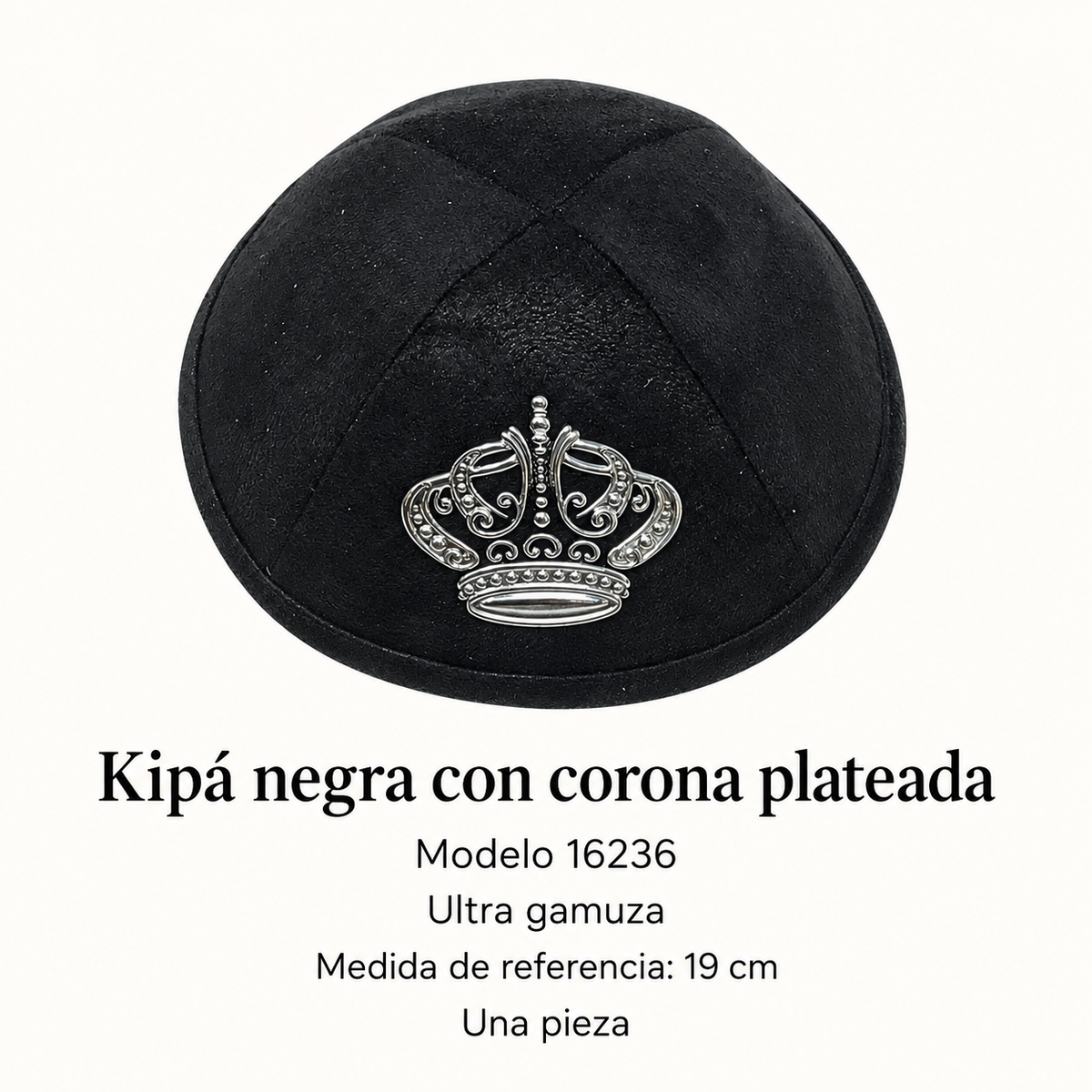 Kipá negra con corona plateada, modelo 16236; ficha con material y medida de referencia
