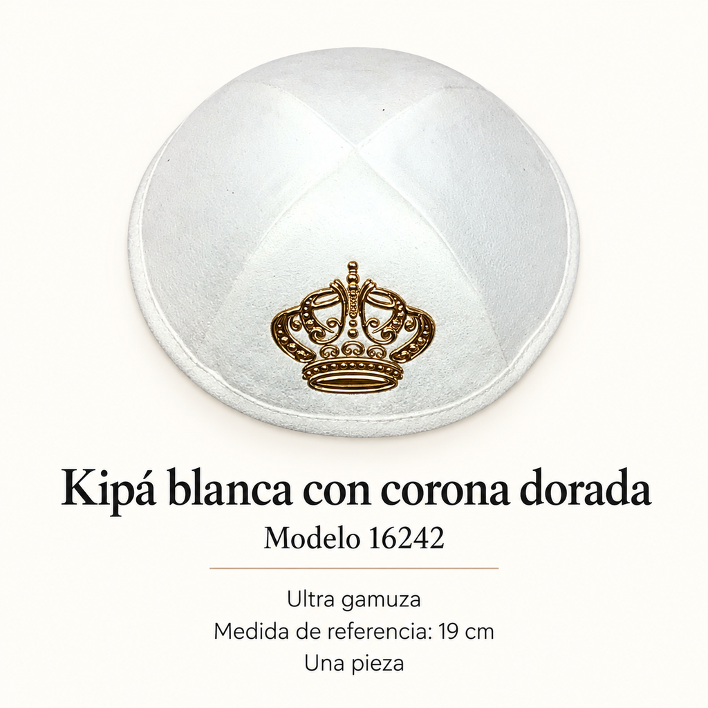 Kipá blanca con corona dorada, modelo 16242; ficha con material y medida de referencia