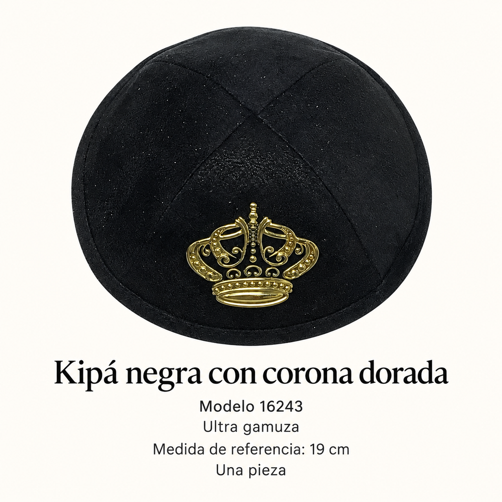 Kipá negra con corona dorada, modelo 16243; ficha con material y medida de referencia