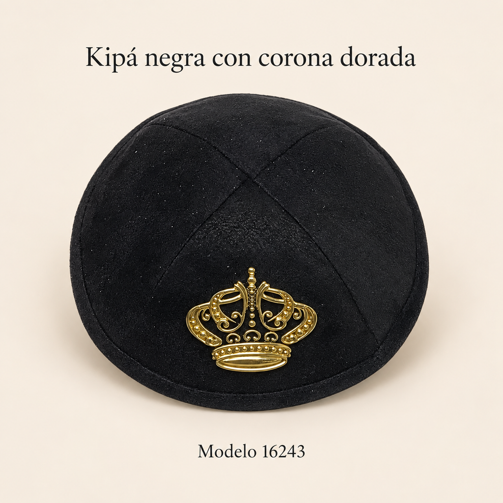Kipá negra con corona dorada, modelo 16243; presentación del diseño