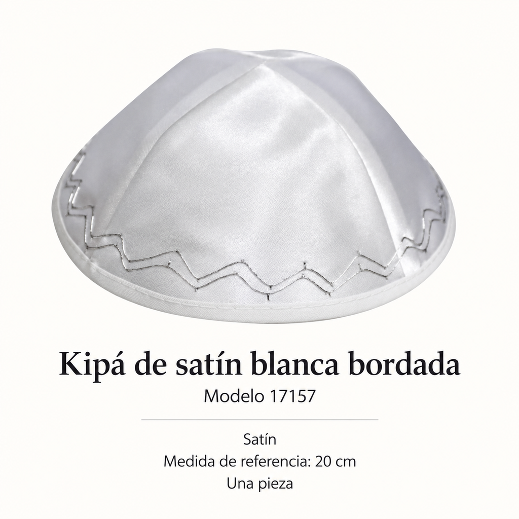 Kipá de satín blanca bordada, modelo 17157; ficha con material y medida de referencia