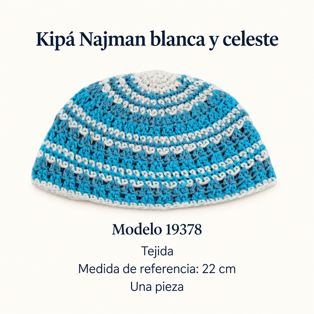 Kipá Najman blanca y celeste, modelo 19378; ficha con material y medida de referencia