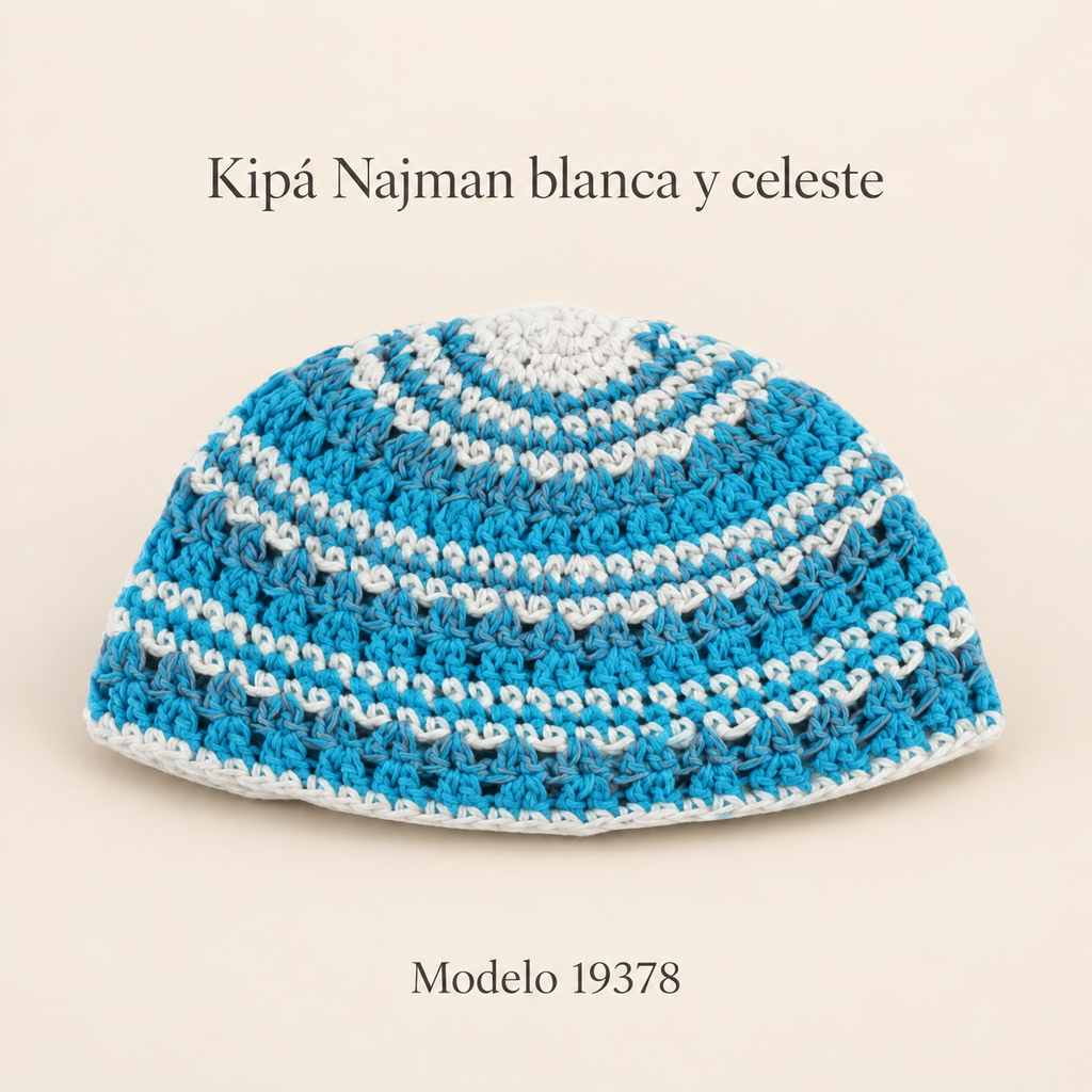 Kipá Najman blanca y celeste, modelo 19378; presentación del diseño