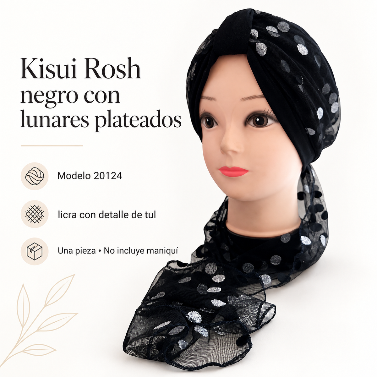 Kisui Rosh negro con lunares plateados, modelo 20124; ficha visual con características del producto