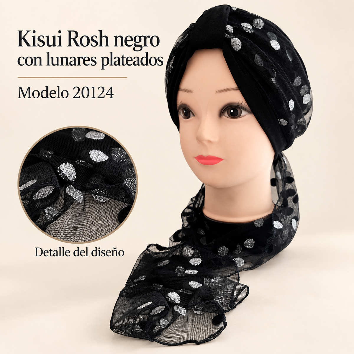 Kisui Rosh negro con lunares plateados, modelo 20124; presentación del producto sobre fondo neutro
