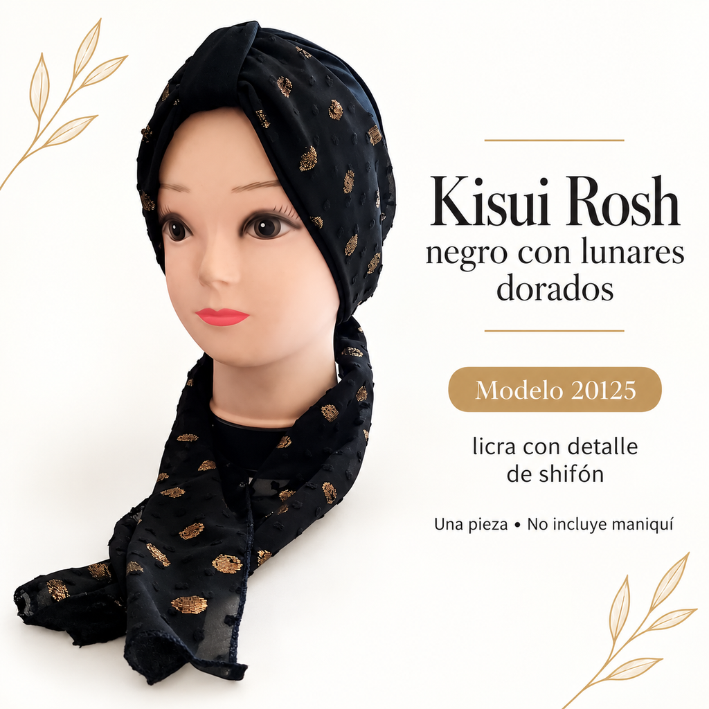 Kisui Rosh negro con lunares dorados, modelo 20125; ficha visual con características del producto
