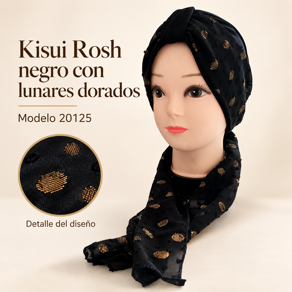 Kisui Rosh negro con lunares dorados, modelo 20125; presentación del producto sobre fondo neutro