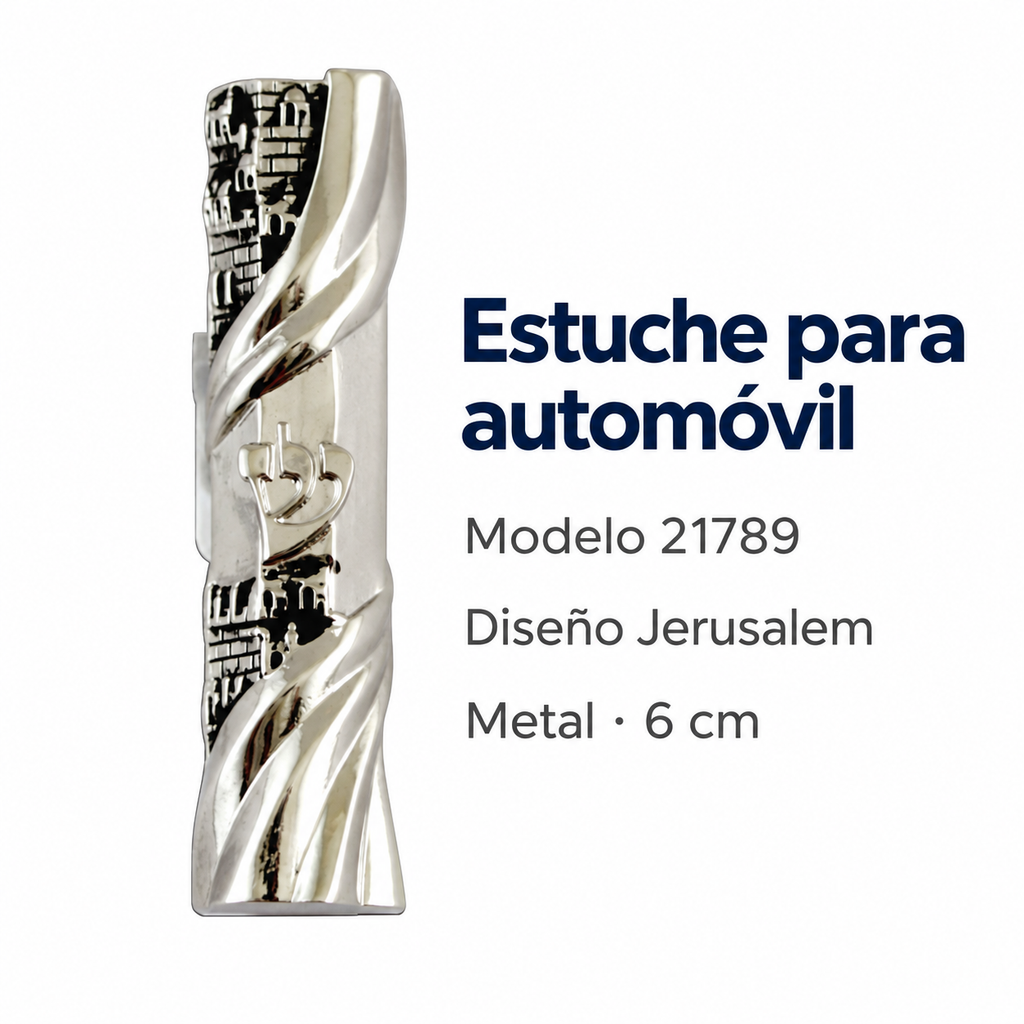 Estuche metálico para automóvil 21789 con diseño Jerusalem, letra Shin y acabado de níquel; ficha de características